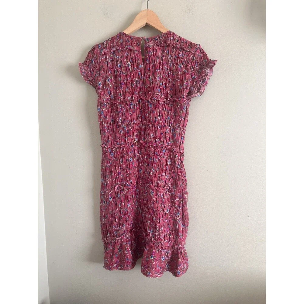 Free People Pink Floral Short Sleeve Smocked Stretch Mini Dress Women's S/P - Picture 4 of 8